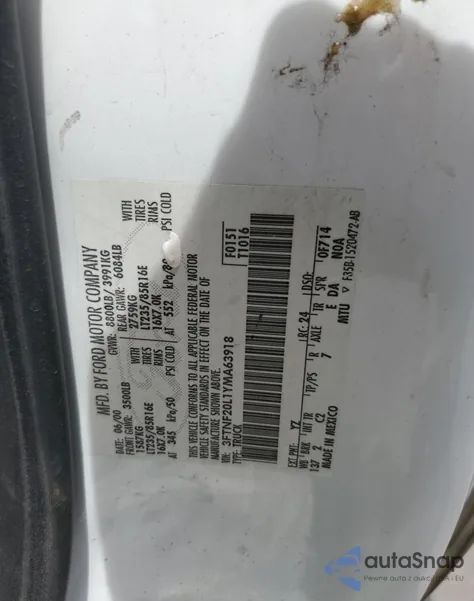 2000 Ford F250 Super Duty z USA, uszkodzony, nr VIN 3FTNF20L1YMA63918